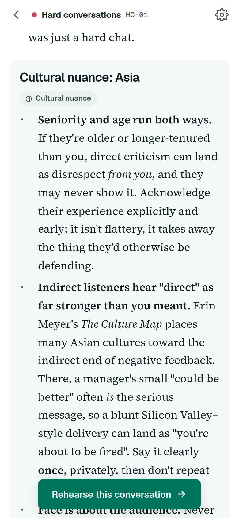 The cultural nuance section of case HC-01 in the app, titled Cultural nuance: Asia. Its first notes read: Seniority and age run both ways, and Indirect listeners hear direct as far stronger than you meant.